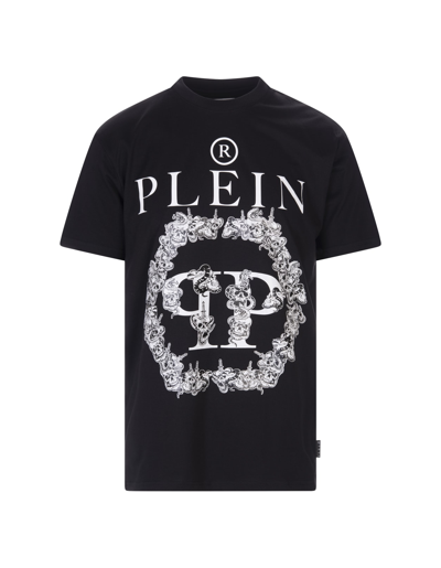 Shop Philipp Plein Man Black T-shirt With Logo And Lettering Print In Black/white