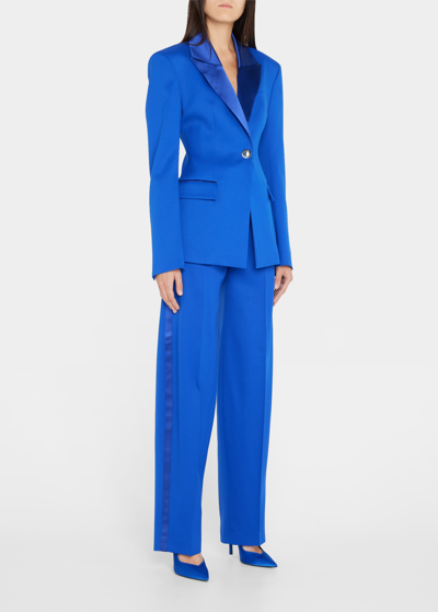 Shop Attico Peak Lapel Tuxedo Blazer With Silk Lapels In Blue