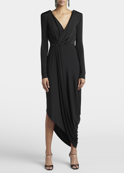 Shop Giorgio Armani V-neck Draped Jersey Maxi Dress In Black