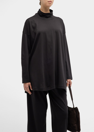Shop Eskandar A-line Long-sleeve Scrunch Neck Cashmere Top (long Length) In Black