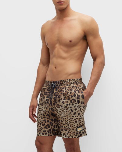 Shop Dolce & Gabbana Men's Leopard-print Swim Shorts In Lghbrowprt