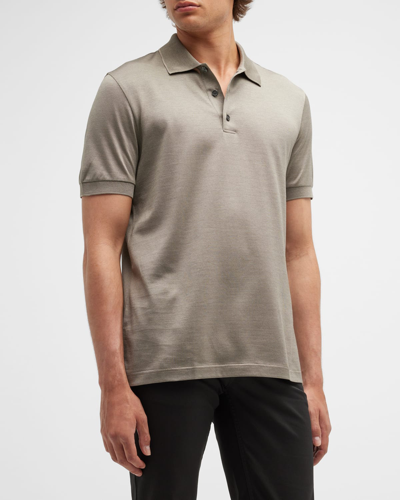 Shop Brioni Men's Cotton-silk Polo Shirt In Brown Whit