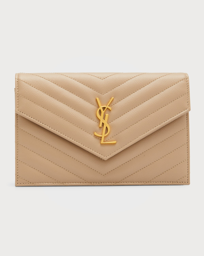 Shop Saint Laurent Ysl Monogram Small Wallet On Chain In Grained Leather In Dark Beige