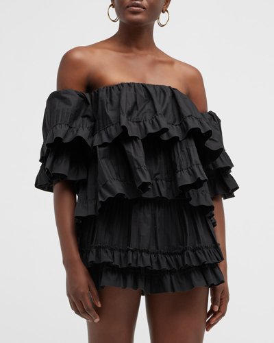 Shop Brandon Maxwell Pleated Off-the-shoulder Crop Top In Black
