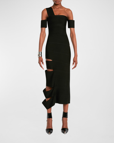 Shop Alexander Mcqueen Slash Cutout One-shoulder Bandage Midi Dress In Black