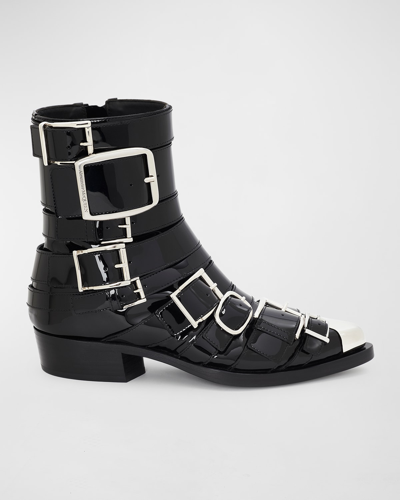 Shop Alexander Mcqueen Punk Patent Multi Buckle Ankle Booties In Black/silver