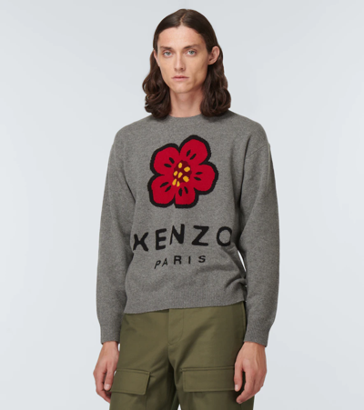 Shop Kenzo Boke Flower Jacquard Wool Sweater In Misty Grey