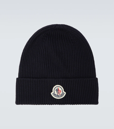 Shop Moncler Ribbed-knit Wool Beanie In Navy