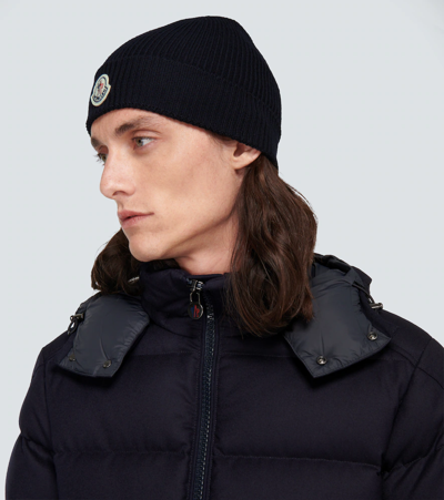 Shop Moncler Ribbed-knit Wool Beanie In Navy