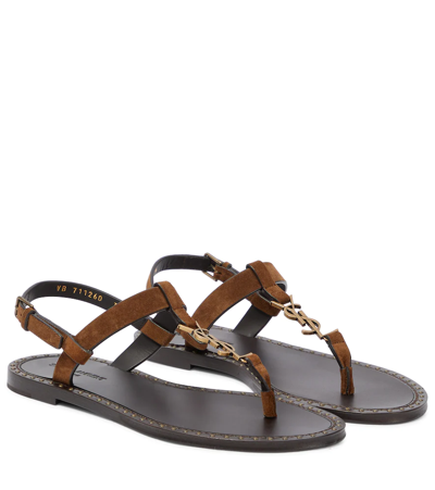 Shop Saint Laurent Cassandra Suede Thong Sandals In Land