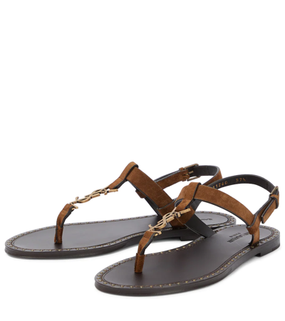 Shop Saint Laurent Cassandra Suede Thong Sandals In Land