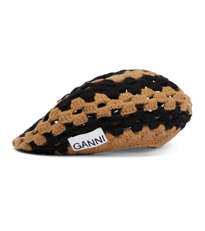 Shop Ganni Crocheted Wool-blend Beret In Petrified Oak