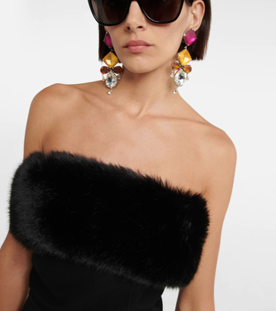 Shop Saint Laurent Animal-free Fur-trimmed Minidress In Noir