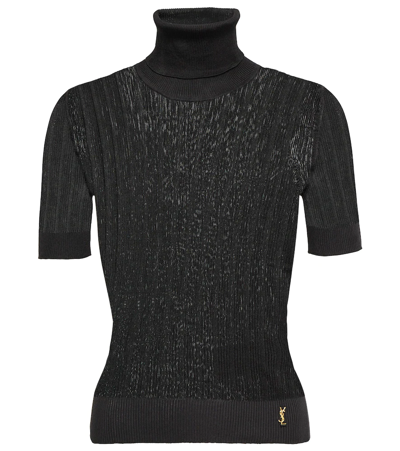 Shop Saint Laurent Ribbed-knit Turtleneck Silk Top In Noir