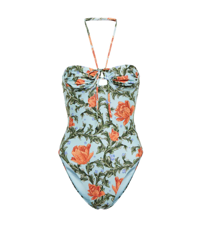 Shop Agua By Agua Bendita Peonia Floral Halterneck Swimsuit In Peonia Atardecer