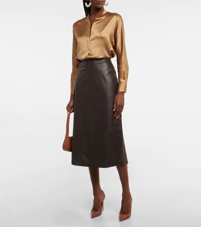 Shop Vince Leather Midi Skirt In Hickory