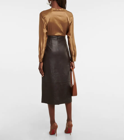 Shop Vince Leather Midi Skirt In Hickory