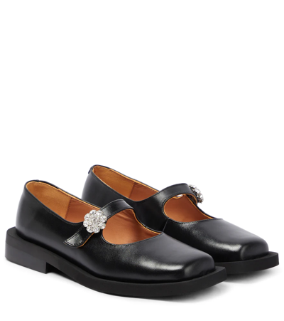 Ganni Crystal-embellished Leather Mary Jane Shoes In Black | ModeSens