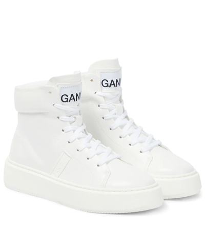 Shop Ganni Faux Leather High-top Sneakers In Egret