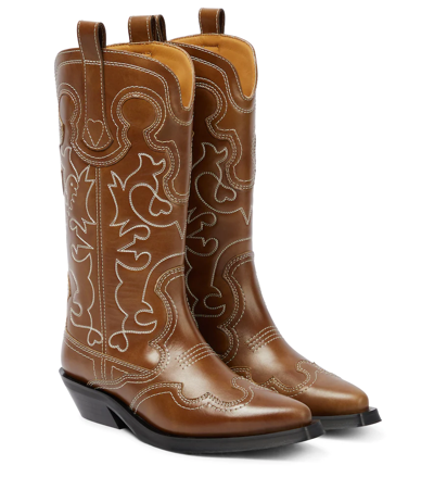 Shop Ganni Embroidered Leather Cowboy Boots In Tiger's Eye