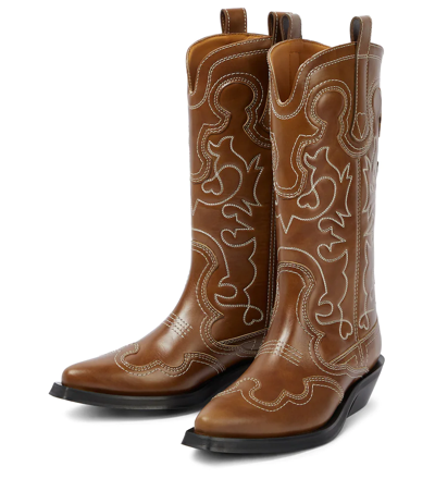 Shop Ganni Embroidered Leather Cowboy Boots In Tiger's Eye