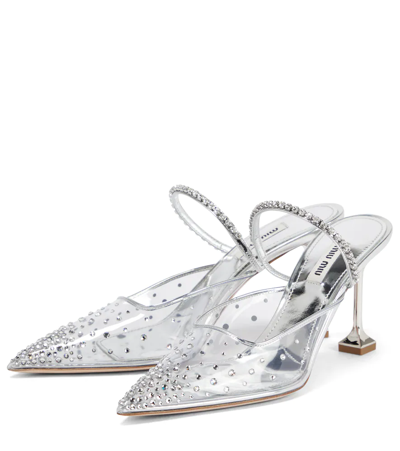 Shop Miu Miu Crystal-embellished Mules In Argento