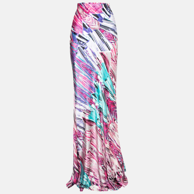 Pre-owned Roberto Cavalli Pink Multicolor Abstract Print Silk Maxi Skirt M