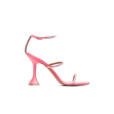 Shop Amina Muaddi Pink Gilda 95 Crystal Satin Sandals