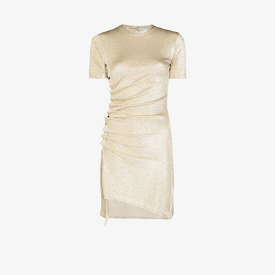 Shop Paco Rabanne Gold Metallic Asymmetric Draped Mini Dress