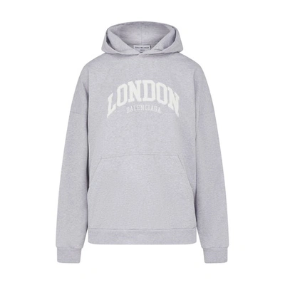 Shop Balenciaga Cities London Hoodie Wide Fit In Heather Grey White