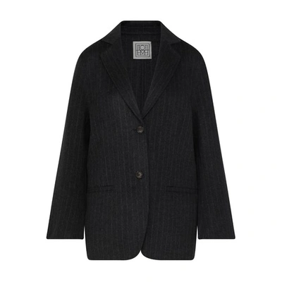 Shop Totême Longline Doublé Wool Blazer In Dark Grey Pinstripe