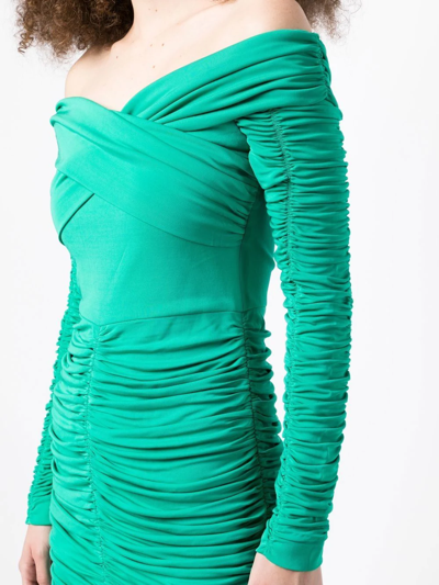 Shop Rebecca Vallance Edie Ruched Off-shoulder Mini Dress In 绿色