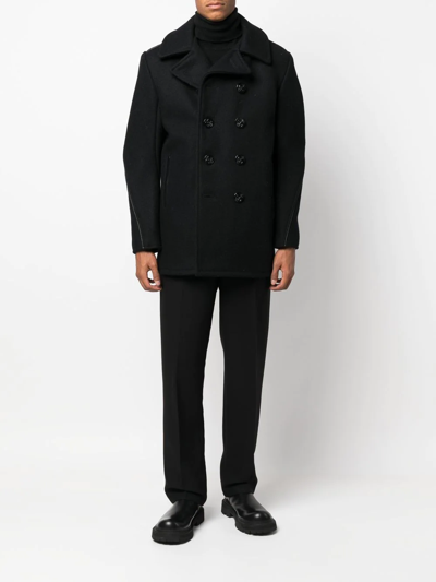 Shop Schott Piped-trim Double-breasted Coat In 黑色