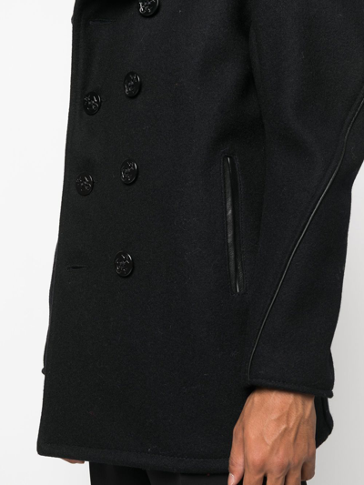 Shop Schott Piped-trim Double-breasted Coat In 黑色