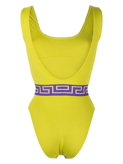 Shop Versace Greca Waistband One-piece Swimsuit In 绿色