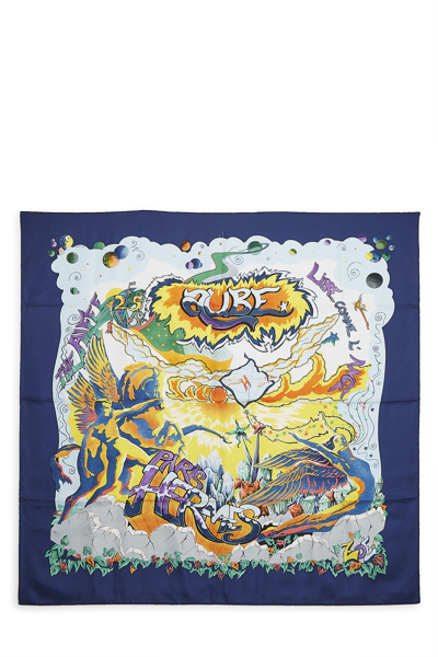 Pre-owned Hermes Blue & Multicolor 'aube Libre Comme L'ange' Silk Scarf 90