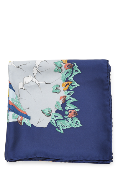 Pre-owned Hermes Blue & Multicolor 'aube Libre Comme L'ange' Silk Scarf 90