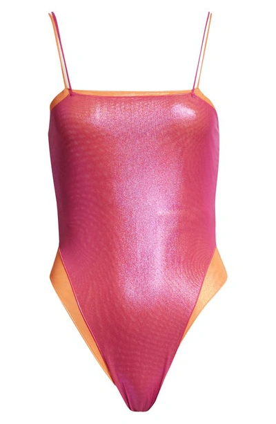 Shop Oseree Layered Lamé One-piece Swimsuit In Fuchsia Orange