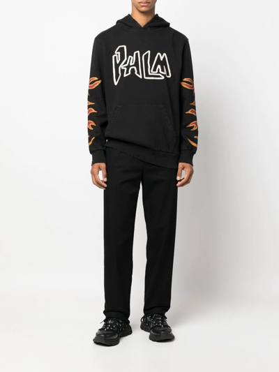 Shop Palm Angels Flame-print Cotton Hoodie In Black White