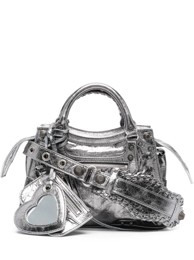 Shop Balenciaga Xs Neo Cagole Metallic Tote Bag In Silver