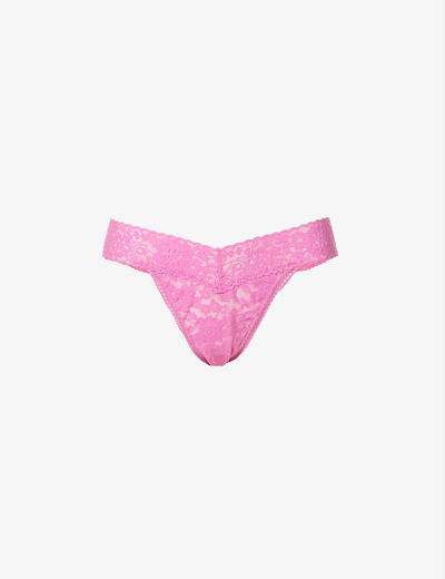Shop Hanky Panky Daily Lace Mid-rise Stretch-lace Thong In Dream House Pink