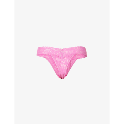 Shop Hanky Panky Daily Lace Mid-rise Stretch-lace Thong In Dream House Pink