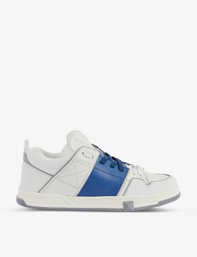 Valentino Garavani Skate Contrast-stripe Leather And Woven Trainers In White/navy Blue ModeSens