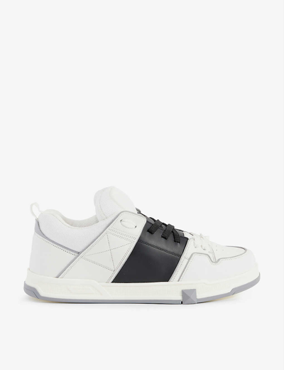 Shop Valentino Garavani Mens White/blk Open Skate Contrast-stripe Leather And Woven Low-top Trainers