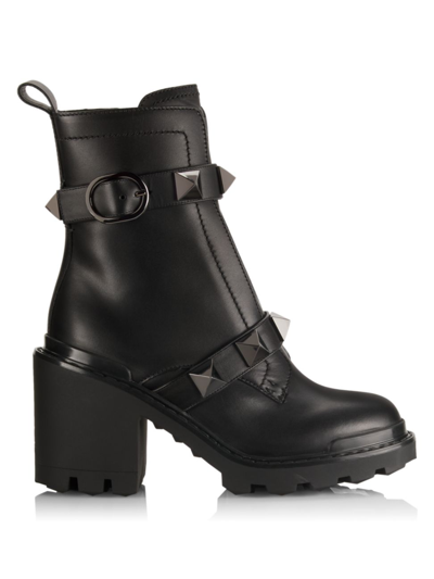 Shop Valentino Women's Roman Stud Leather Combat Boots In Nero