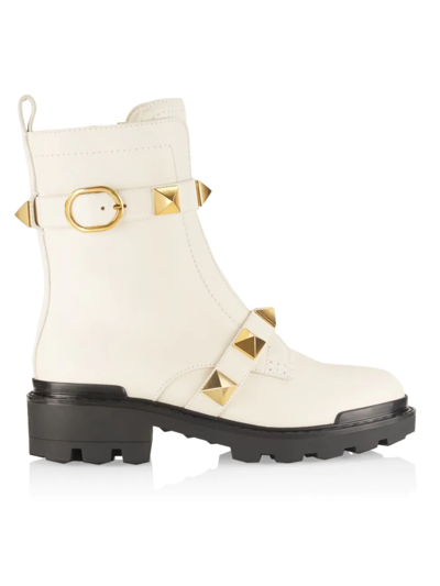 Shop Valentino Women's Roman Stud Leather Combat Boots In Light Ivory