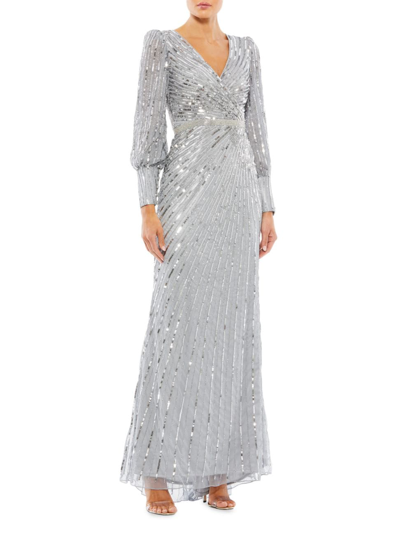 Shop Mac Duggal Women's Sequined Blouson-sleeve Gown In Silver