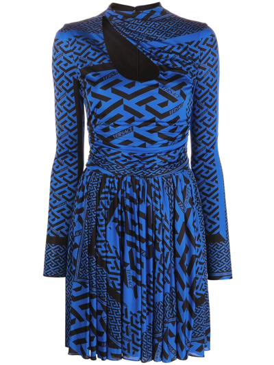 Shop Versace Greca-print Long-sleeve Dress In Blue