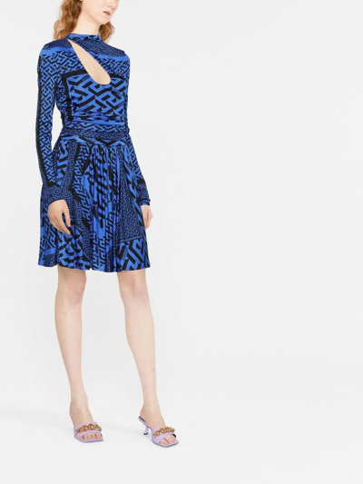 Shop Versace Greca-print Long-sleeve Dress In Blue