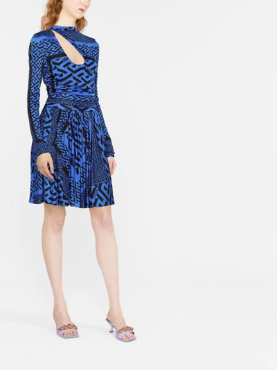Versace Monogram Multi Foulard Long Sleeve Mini Dress In Blue